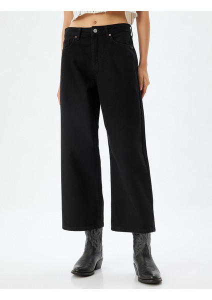 Geniş Paça Crop Kot Pantolon Düğmeli Rahat Kalıp Standart Bel - Wide Crop Leg Jean modelleri