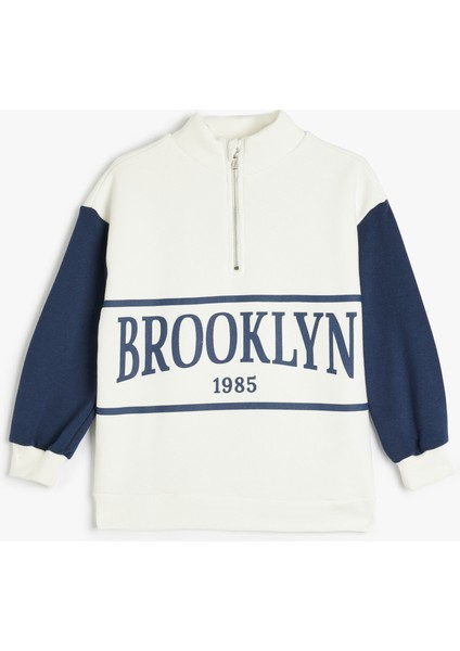 Sweatshirt Dik Yaka Yarım Fermuarlı Şehir Baskılı Uzun Kollu