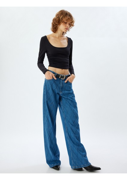 Geniş Paça Kot Pantolon Standart Bel Taşlı Düğmeli Cepli - Wide Leg Jean fiyatları