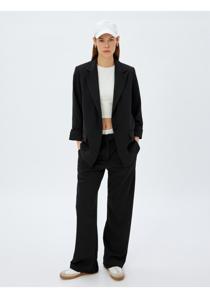 Bol Paça Pantolon Çift Bel Detaylı Cepli Krep Scuba Kumaş