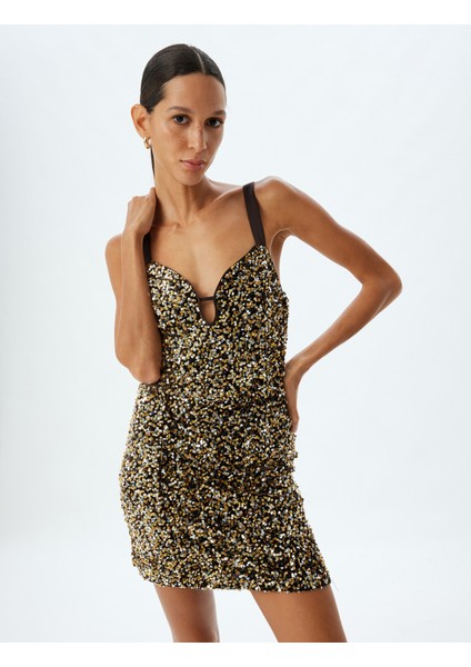 Pullu Payetli Slip Abiye Elbise Mini Kolsuz Pencere Detaylı V Yaka Slim Fit fiyatları