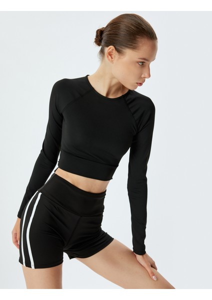 Spor Crop Tişört Uzun Kollu Bisiklet Yaka Bağlama Detaylı Slim Fit