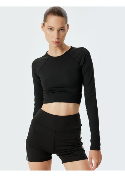 Spor Crop Tişört Uzun Kollu Bisiklet Yaka Bağlama Detaylı Slim Fit modelleri