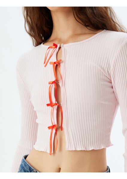 Fiyonklu Crop Hırka Fitilli Slim Fit Uzun Kollu Yuvarlak Yaka Pamuklu indirimleri