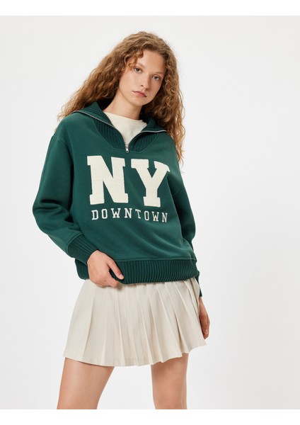 Yarım Fermuarlı Sweatshirt Oversize Kolej Baskılı