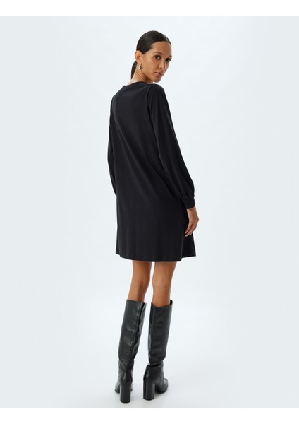 Mini Elbise Manşetli Uzun Kollu Yuvarlak Yaka Pamuklu fırsatları