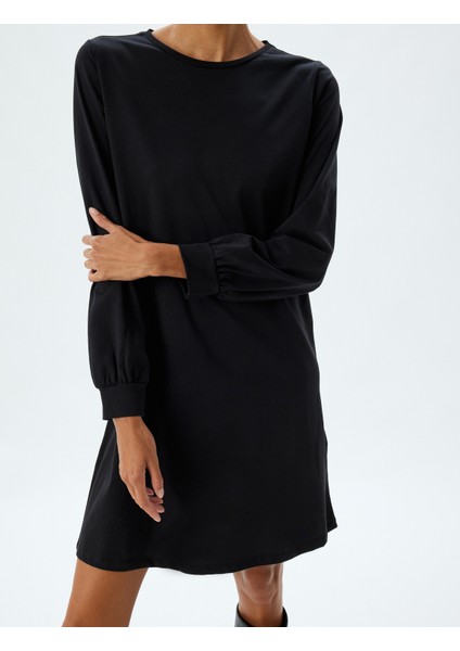 Mini Elbise Manşetli Uzun Kollu Yuvarlak Yaka Pamuklu indirimleri