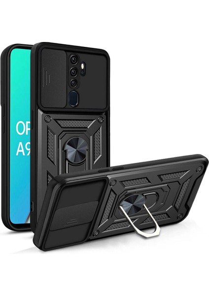 Casesuar Oppo A9 2020 Kılıf Magnetik Standlı Kamera Korumalı Zore Sürgülü Vega Kapak-Siyah