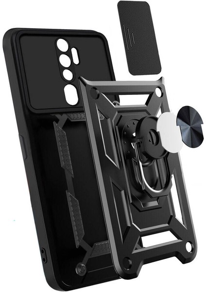 Casesuar Oppo A9 2020 Kılıf Magnetik Standlı Kamera Korumalı Zore Sürgülü Vega Kapak-Siyah