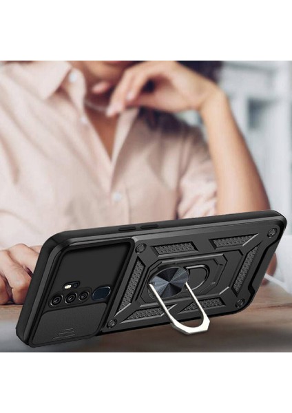 Casesuar Oppo A9 2020 Kılıf Magnetik Standlı Kamera Korumalı Zore Sürgülü Vega Kapak-Siyah