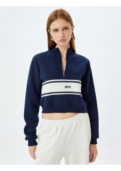 Crop Sweatshirt Yarım Fermuar Detaylı Renk Bloklu Üç Iplik Şardonlu modelleri