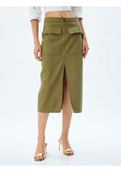 Midi Kalem Etek Yüksek Bel Kargo Cepli Önden Yırtmaç Detaylı Slim Fit modelleri