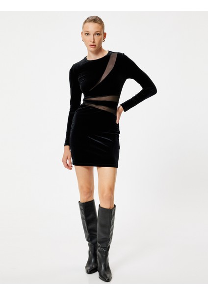 Kadife Elbise Mini Uzun Kollu Bisiklet Yaka Tül Pencere Detaylı Slim Fit