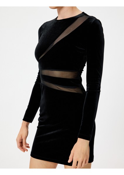 Kadife Elbise Mini Uzun Kollu Bisiklet Yaka Tül Pencere Detaylı Slim Fit indirimleri