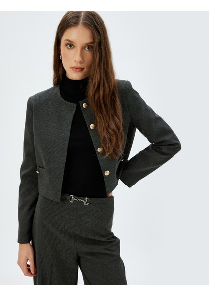 Crop Blazer Ceket Yakasız Gold Düğme Detaylı