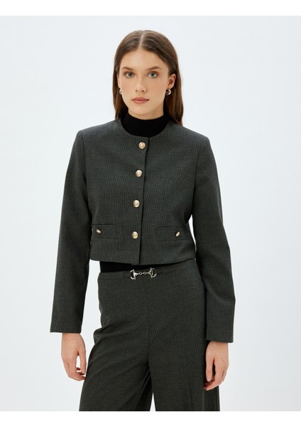 Crop Blazer Ceket Yakasız Gold Düğme Detaylı modelleri