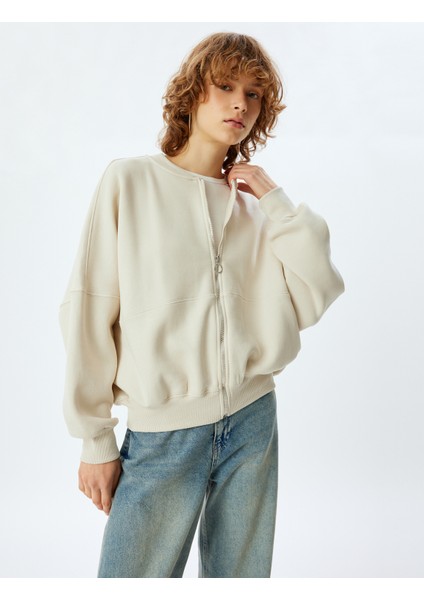 Oversize Fermuarlı Sweatshirt Dikiş Detaylı Bisiklet Yaka