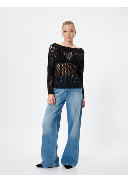 Ajurlu Triko Oversize Kazak Yuvarlak Yaka Uzun Kollu fiyatları