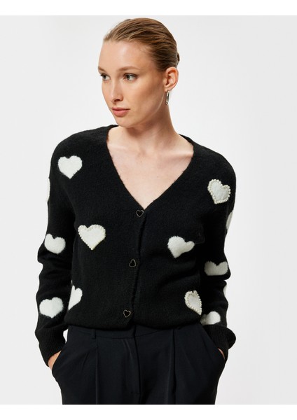 Kalpli Triko Hırka V Yaka Düğmeli Inci Işleme Detaylı