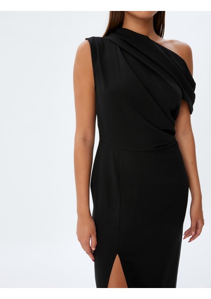 Uzun Gece Elbisesi Tek Omuz Asimetrik Yaka Önden Yırtmaç Detaylı Krep Kumaş indirimleri