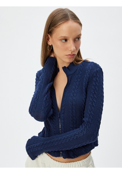 Fermuarlı Hırka Saç Örgü Dokulu Dik Yaka Slim Fit