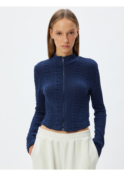 Fermuarlı Hırka Saç Örgü Dokulu Dik Yaka Slim Fit modelleri