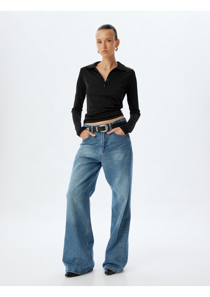 Polo Yaka Tişört Basic Uzun Kollu Düğmeli Slim Fit