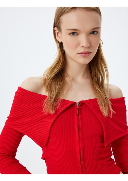 Crop Tişört Uzun Kollu Fermuarlı Fitilli Omzu Açık Slim Fit