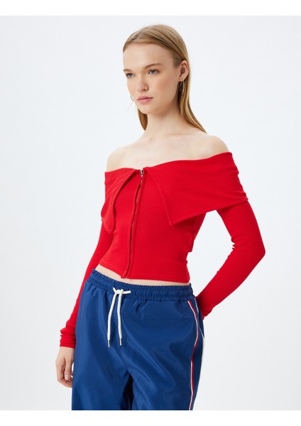 Crop Tişört Uzun Kollu Fermuarlı Fitilli Omzu Açık Slim Fit modelleri