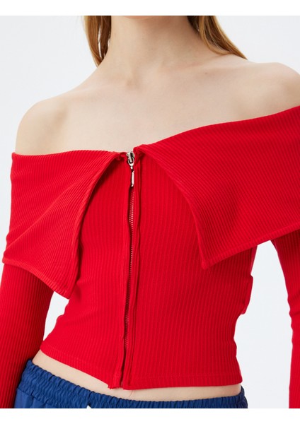 Crop Tişört Uzun Kollu Fermuarlı Fitilli Omzu Açık Slim Fit indirimleri