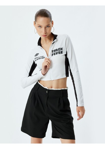 Crop Tişört Fermuarlı Uzun Kollu Yarış Temalı Baskılı Slim Fit fiyatları