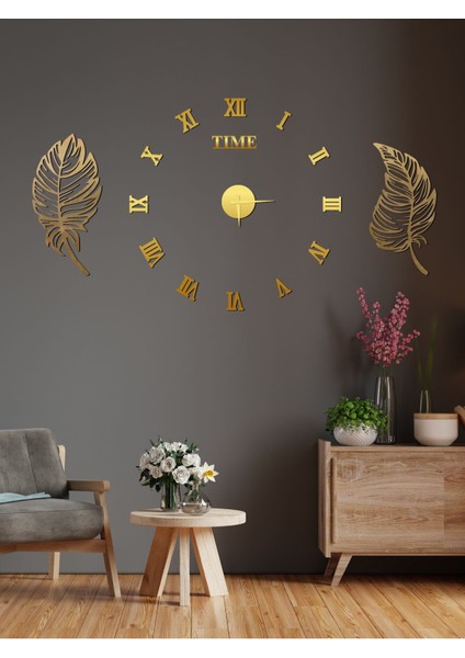 Altın Renk 3D Roma Rakamlı Modern Yuvarlak Saat ve Yaprak Pano Seti modelleri