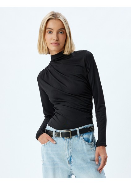 Dik Yaka Drapeli Bluz Uzun Kollu Slim Fit modelleri