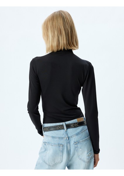 Dik Yaka Drapeli Bluz Uzun Kollu Slim Fit fırsatları