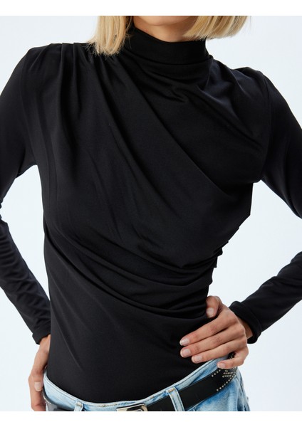 Dik Yaka Drapeli Bluz Uzun Kollu Slim Fit indirimleri