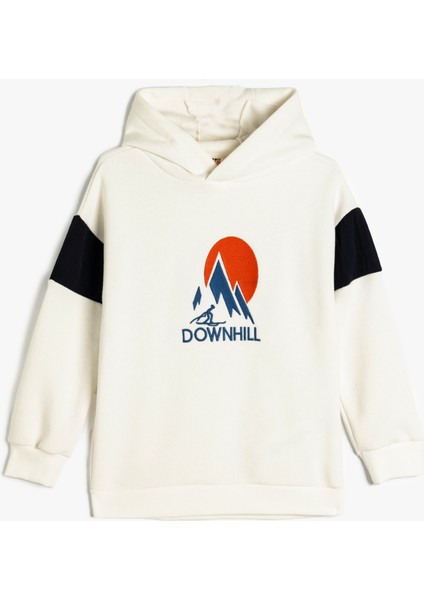 Kapşonlu Sweatshirt Kayak Temalı Baskılı Uzun Kollu