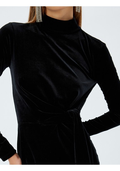 Mini Kalem Kadife Elbise Düğüm Detaylı Dik Yaka Uzun Kollu Slim Fit indirimleri