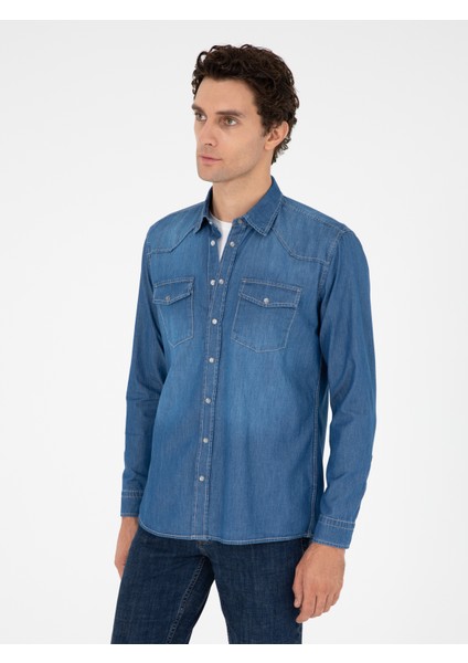 Erkek Mavi Regular Fit Jean Gömlek 50289346-VR036