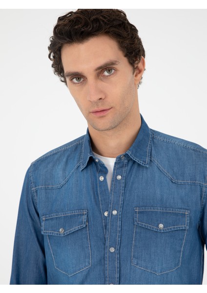 Erkek Mavi Regular Fit Jean Gömlek 50289346-VR036