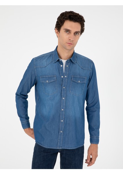Erkek Mavi Regular Fit Jean Gömlek 50289346-VR036