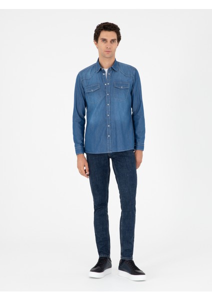 Erkek Mavi Regular Fit Jean Gömlek 50289346-VR036