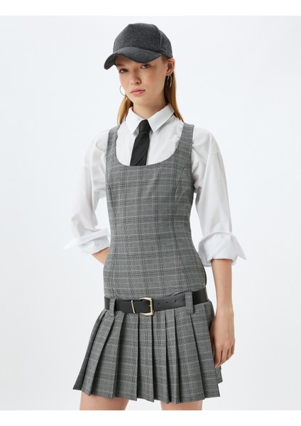 Mini Jile Elbise Pileli Kolsuz U Yaka Kemer Detaylı Slim Fit