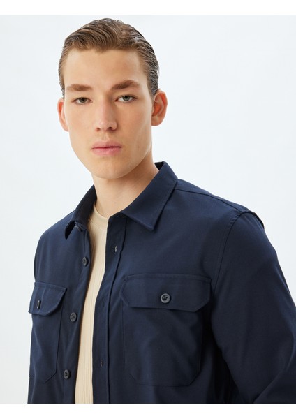 Uzun Kollu Gömlek Kapaklı Cep Detaylı Viskon Karışımlı