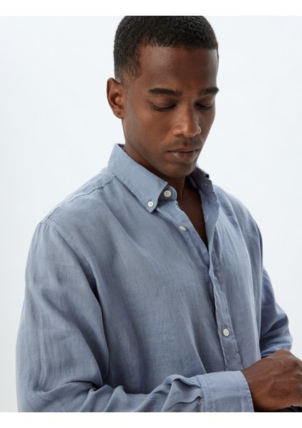 Keten Gömlek Uzun Kollu Düğmeli Yaka Detaylı