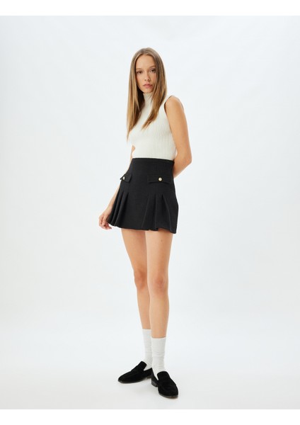 Mini Tüvit Etek Pileli Yüksek Bel Düğme Detaylı A Kesim