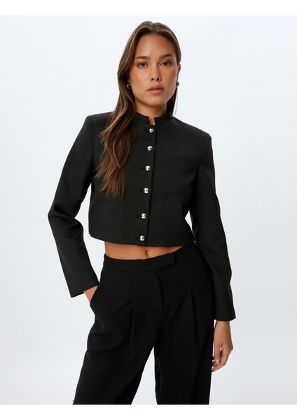 Crop Ceket Dik Yaka Cepli Düğmeli Uzun Kolu