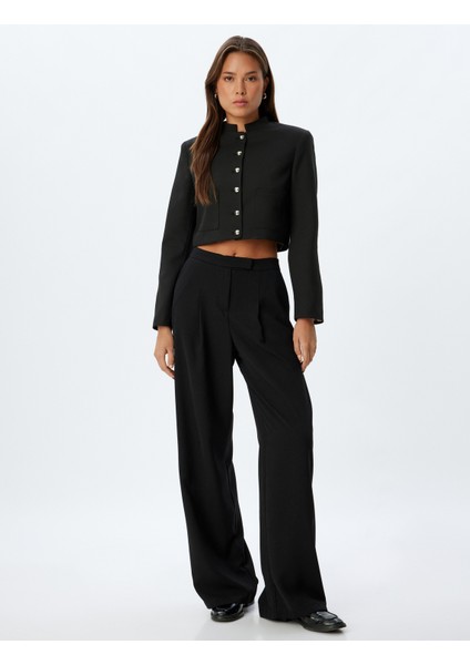 Crop Ceket Dik Yaka Cepli Düğmeli Uzun Kolu fiyatları