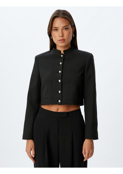 Crop Ceket Dik Yaka Cepli Düğmeli Uzun Kolu modelleri