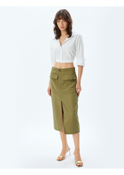 Midi Kalem Etek Yüksek Bel Kargo Cepli Önden Yırtmaç Detaylı Slim Fit