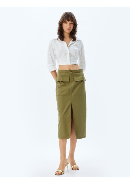 Midi Kalem Etek Yüksek Bel Kargo Cepli Önden Yırtmaç Detaylı Slim Fit